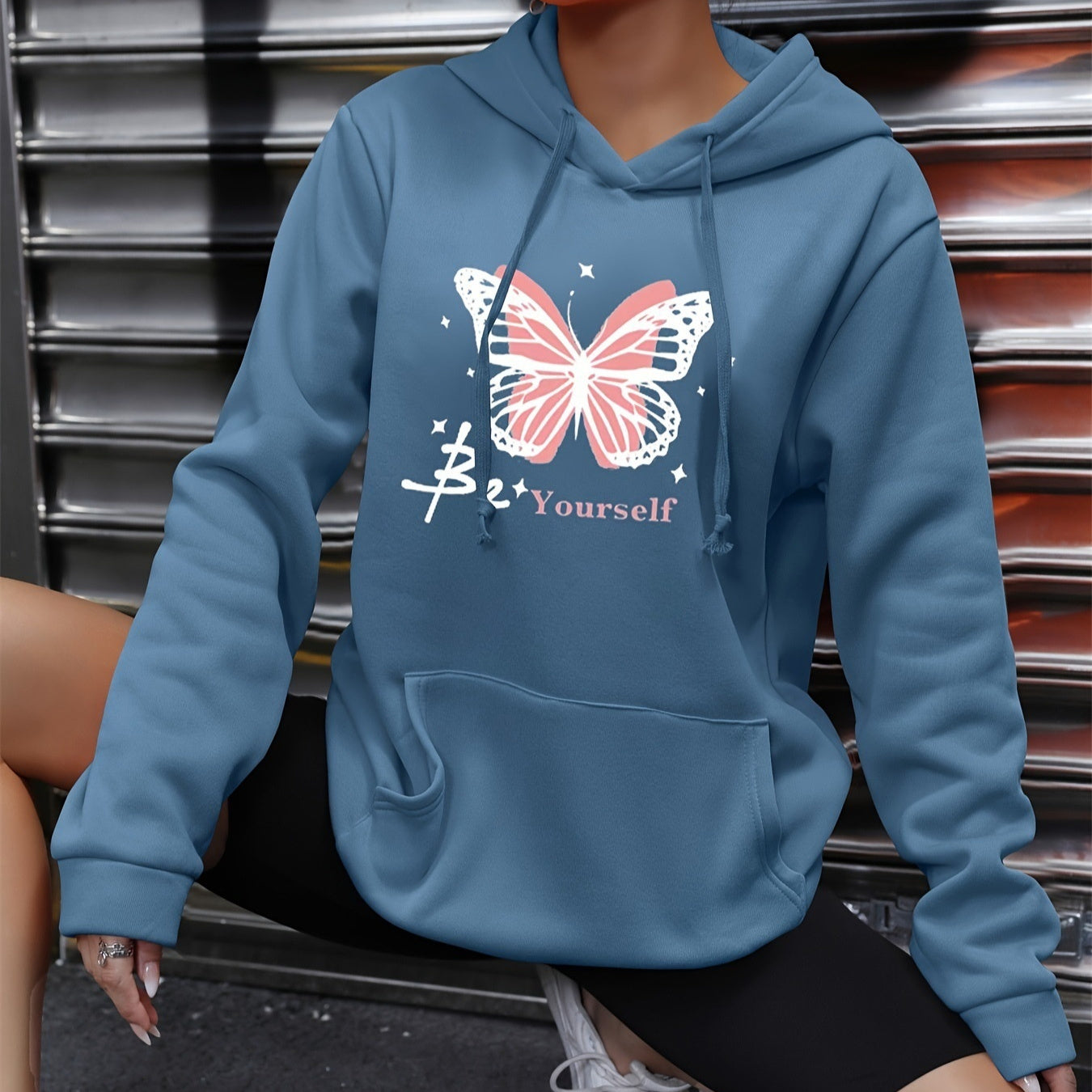 Butterfly Self-printed Drawstring Sweatshirt Female