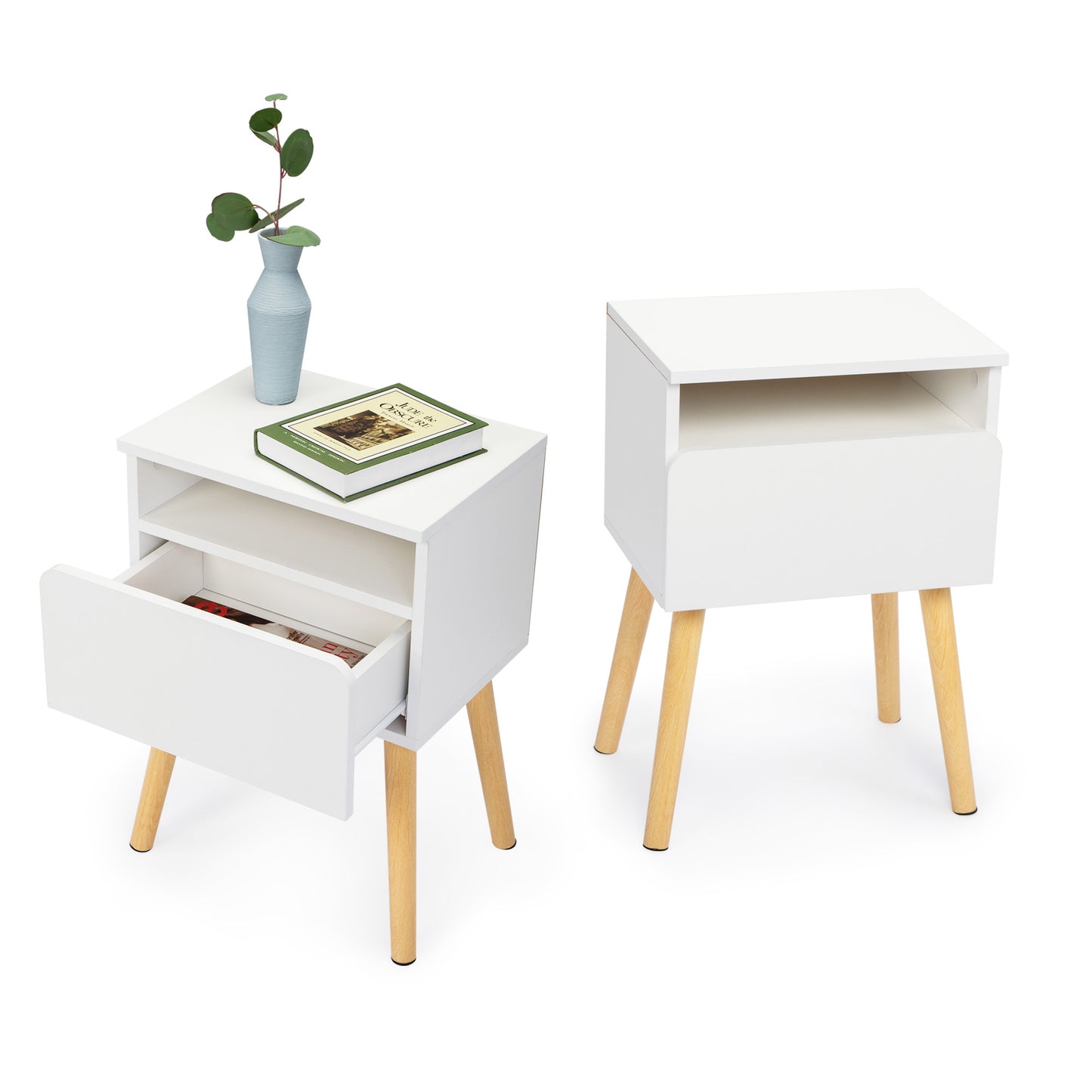 Set Of 2 Modern Nightstands With Drawer & Shelf For Bedroom Living Room - White