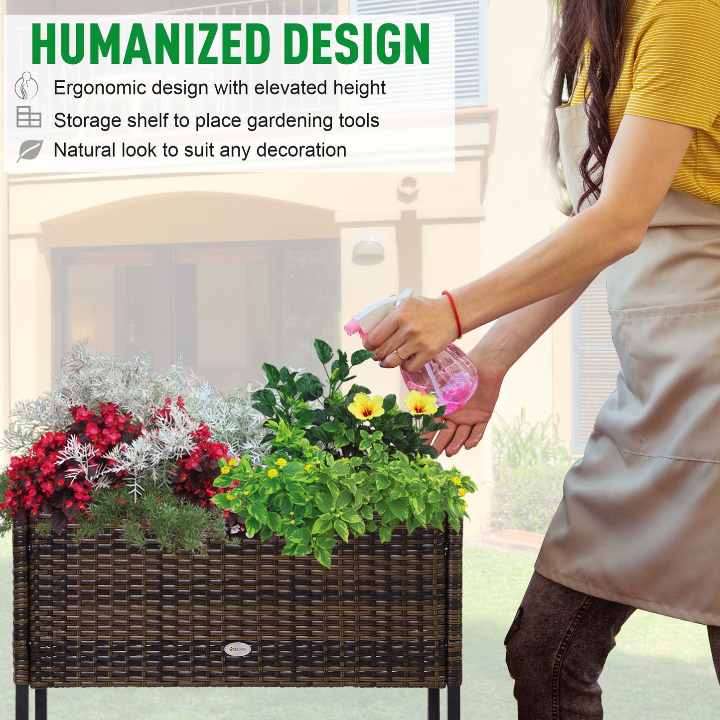 Elevated Rattan Planter Box With Tool Storage, Indoor Outdoor, 28 High