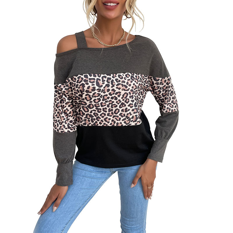 Undershirt Off-the-shoulder Hollow-out Off-shoulder Loose Leopard Print Women's Patchwork Top