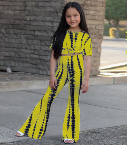 Girls Summer Tie Dye Short Sleeve T-Shirt Flared Pants Set