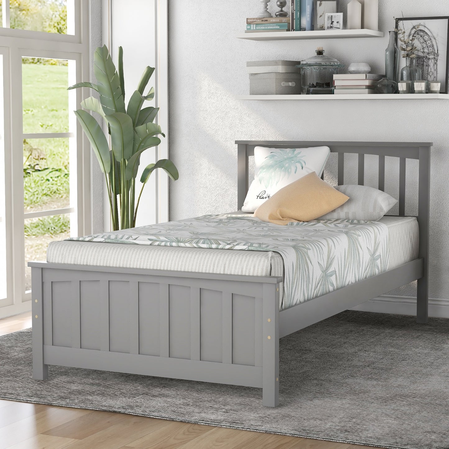 Wood Platform Bed Twin Size Platform Bed, Gray