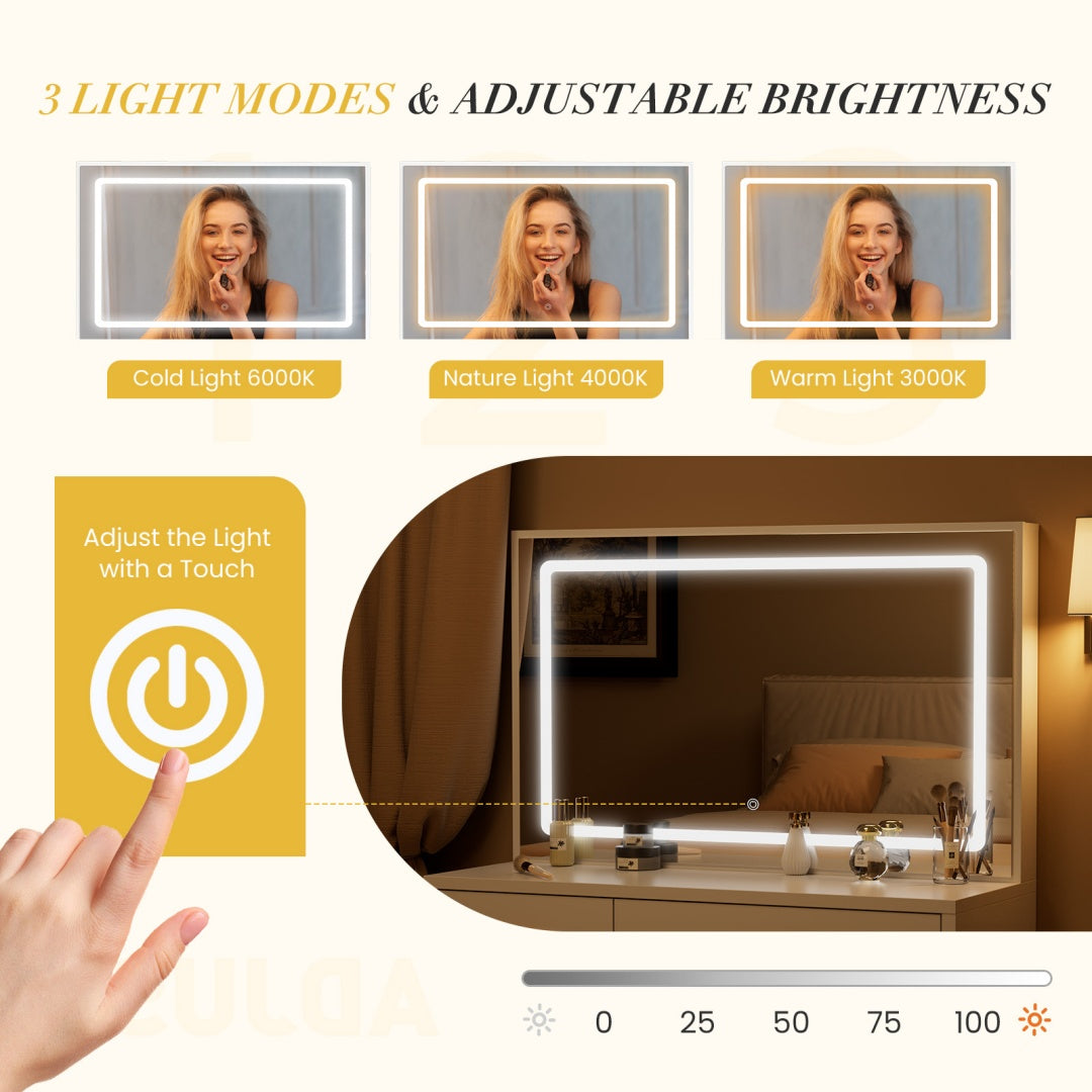 Mirror And Lights, Makeup Vanity Table With Charging Station , 2 Drawers & Large Cabinet, 3 Lighting Color Adjustable, Dressing Table