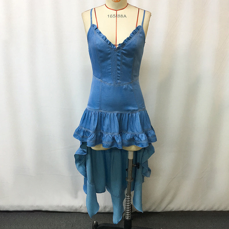 Women's Bohemian Dress, Sleeveless Spaghetti Strap Bodycon Mini Dress With Irregular Ruffled Hem For Music Festival & Rock Party, NO Belt