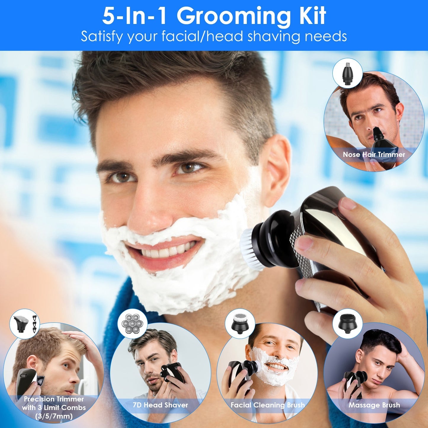1Pc Head Shavers For Bald Men 5 In 1 7D Electric Rotary Razor Rechargeable Cordless Head Beard Trimmer Shaver Kit IPX6 Waterproof Dry Wet Grooming Kit With 3 Combs