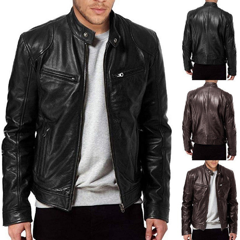 Men's Zip-up Cardigan PU Leather Jacket Fashion Pockets Stand Collar Short Tops Clothing
