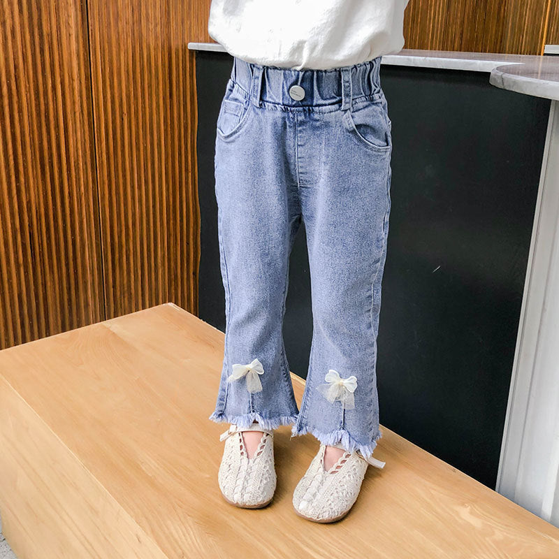 Korean Version Of Children's Clothing Girls Flared Pants Little Girls Bow Stretch Jeans Trend