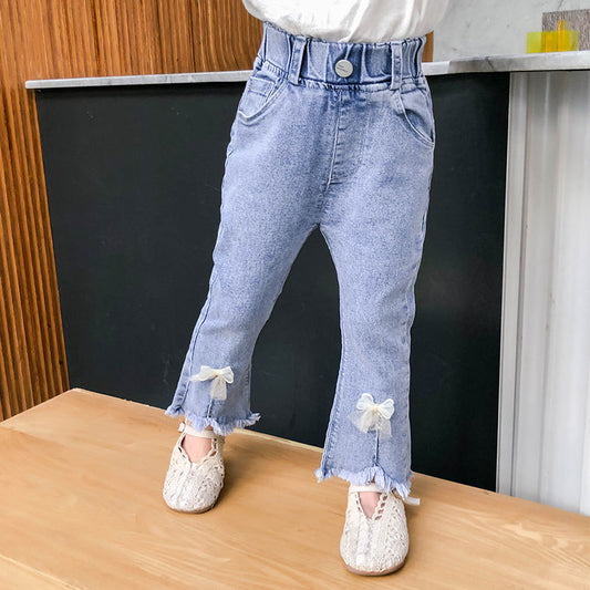 Korean Version Of Children's Clothing Girls Flared Pants Little Girls Bow Stretch Jeans Trend