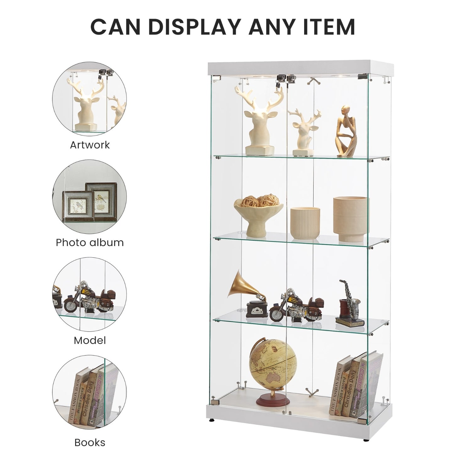 4-Tier Glass Display Cabinet, Double Door Glass Cabinet, Four Partitions, Two Locks, Floor Standing
