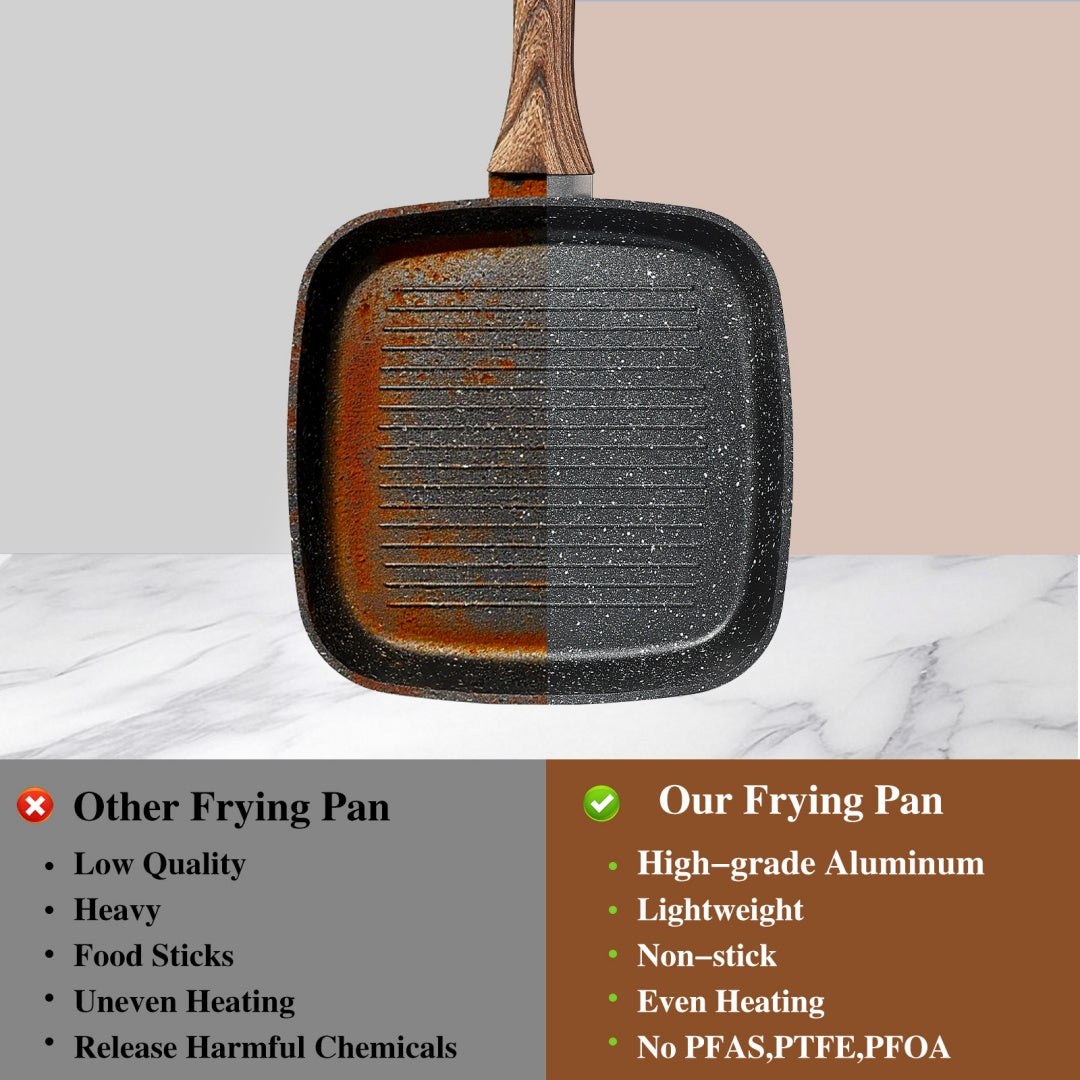 Nonstick Frying Pan Skillet Set, 3 Piece Square Grill Pans With Stay Cool Handle & PFOA Free, Compatible With All Stovetops
