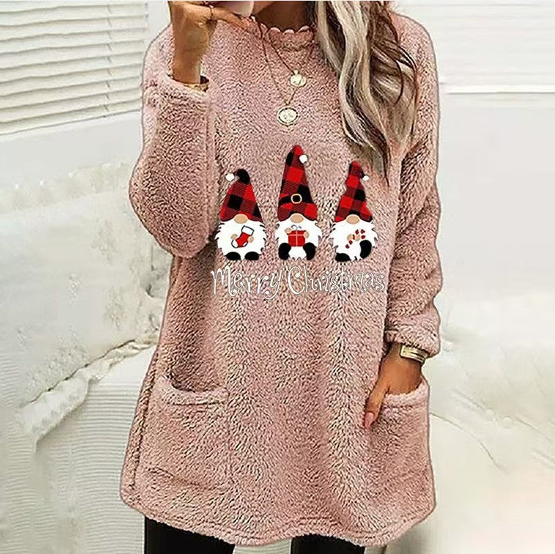 Christmas Letter Printing Round Neck Loose Long Sleeves Pocket Fleece Sweatshirt