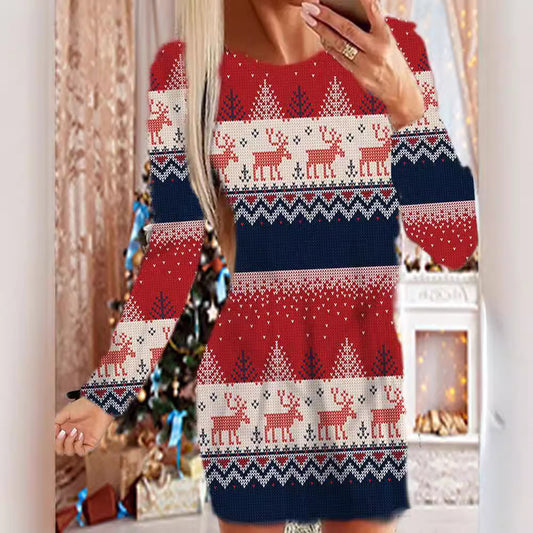 Round Neck Long Sleeve Christmas Plus Size Women's Dress
