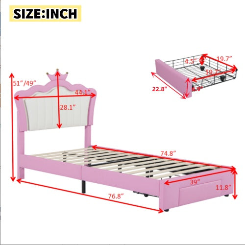 Twin Size Upholstered Bed Frame With LED Lights, Modern Upholstered Princess Bed With Crown Headboard, A Drawer