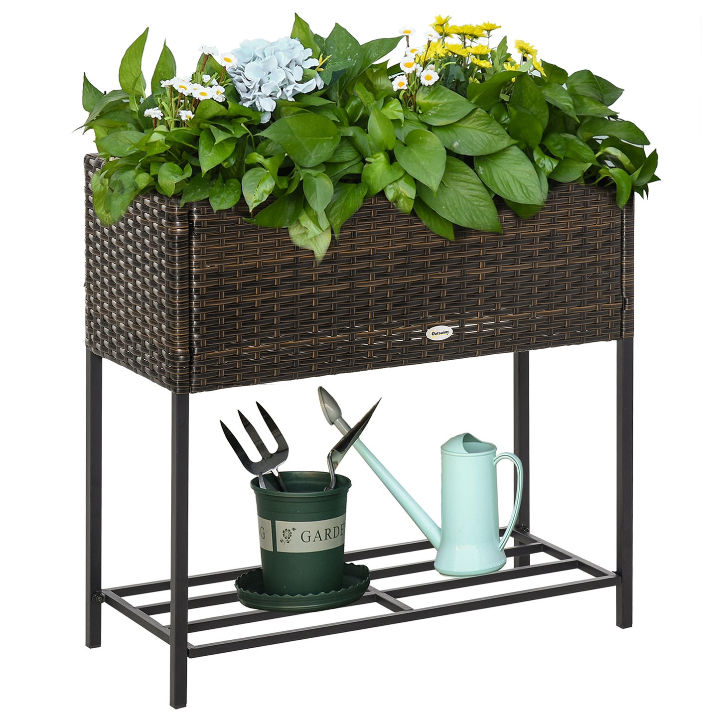 Elevated Rattan Planter Box With Tool Storage, Indoor  Outdoor, 28  High
