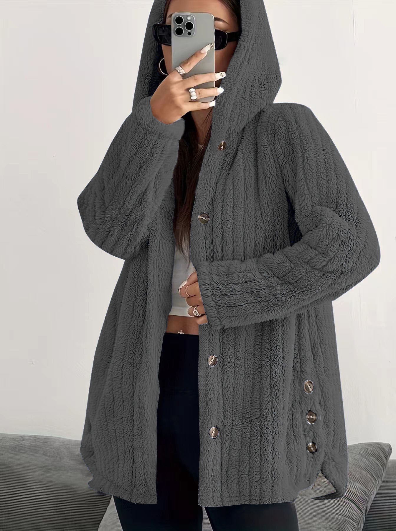 Hooded Loose Plush Coat Women's Regular Sleeve