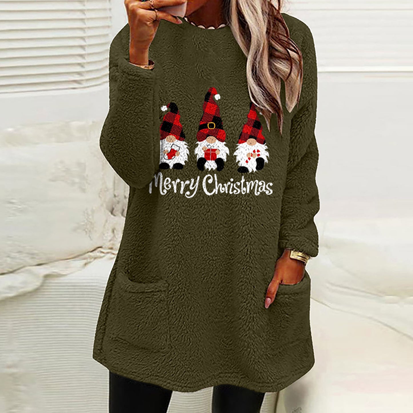 Christmas Letter Printing Round Neck Loose Long Sleeves Pocket Fleece Sweatshirt