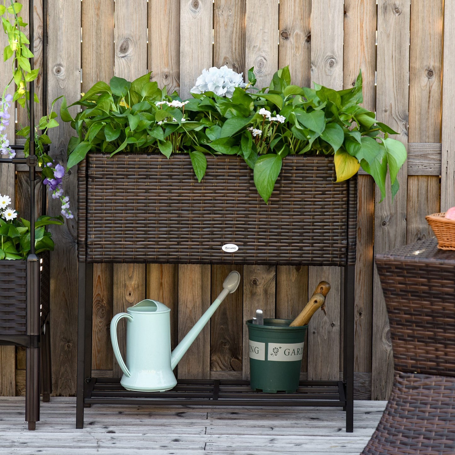 Elevated Rattan Planter Box With Tool Storage, Indoor  Outdoor, 28  High