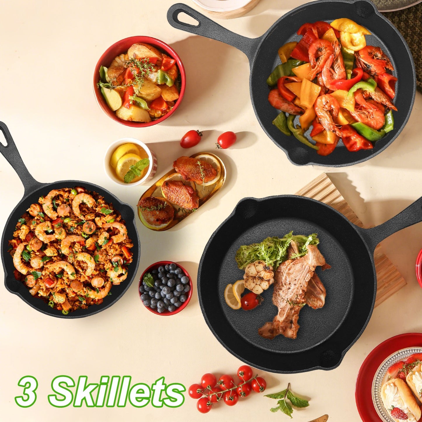 3pcs Pre-Seasoned Cast Iron Skillets, 8 In, 10 In, & 12 In Cast Iron Frying Pans With Handles, Safe Grill Cookware Set With Non-Stick Surface, Cast Iron Pans For Indoor & Outdoor Use
