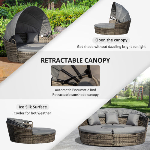 Outsunny Outdoor PE Rattan Garden Furniture With Cushioned, Patio Wicker Conversation Furniture Set, Round Daybed With Retractable Canopy, Coffee Table And Three Pillows, Dark Grey