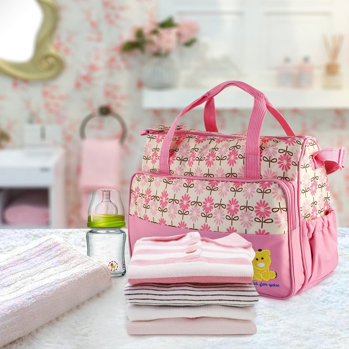 5PCS Per Set Baby Nappy Diaper Bags Set Mummy Diaper Shoulder Bags WithNappy Changing Pad Insulated Pockets Travel Tote Bags For Mom Dad