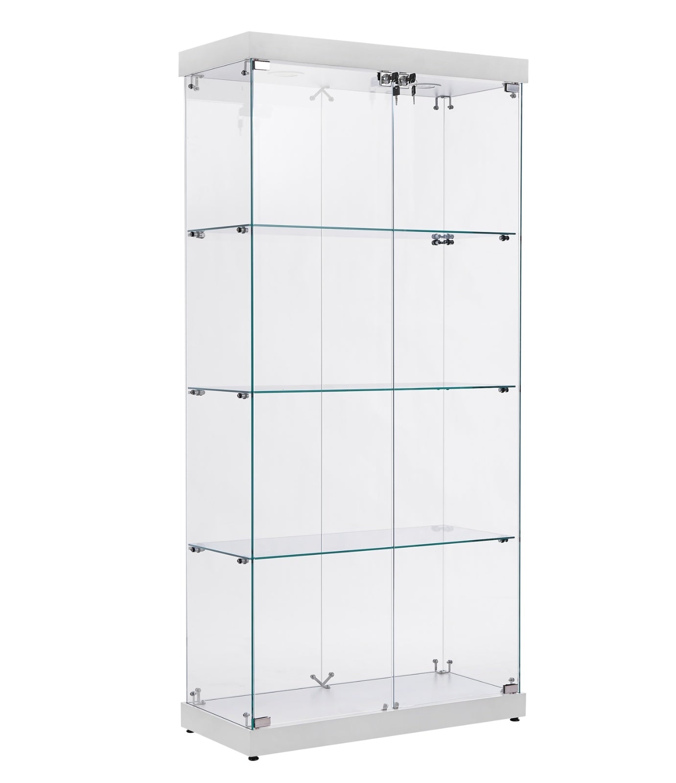 4-Tier Glass Display Cabinet, Double Door Glass Cabinet, Four Partitions, Two Locks, Floor Standing