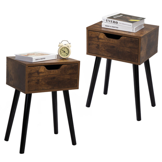 Set Of 2 Mid Century Wood Side Tables W  Storage Drawer For Bedroom,Brown Black