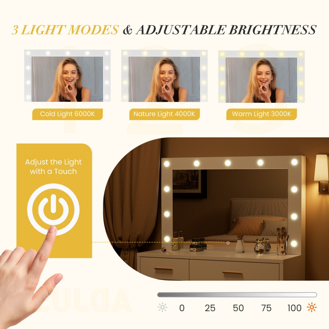 Mirror And Lights, Makeup Vanity Table With Charging Station , 2 Drawers & Large Cabinet, 3 Lighting Color Adjustable, Dressing Table