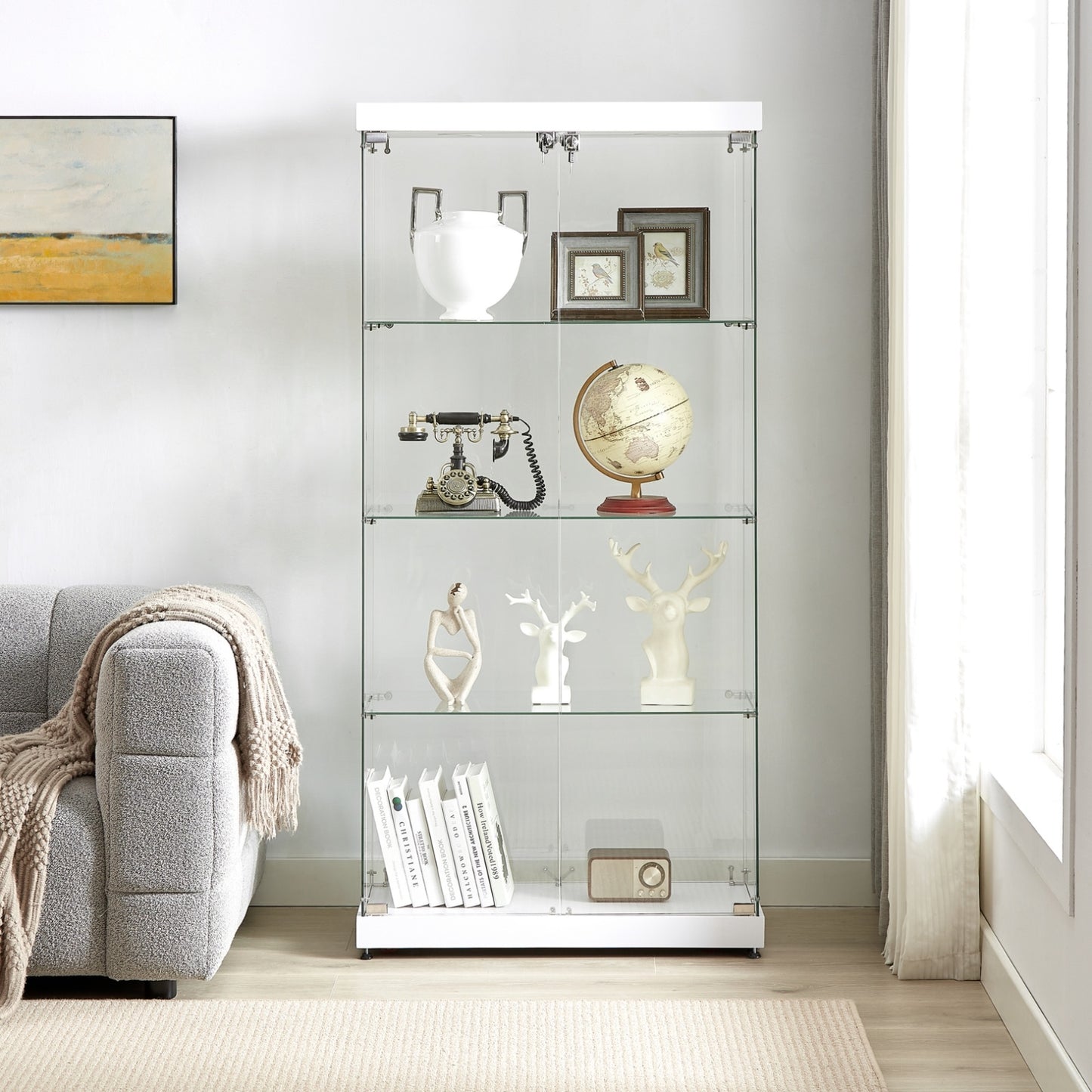 4-Tier Glass Display Cabinet, Double Door Glass Cabinet, Four Partitions, Two Locks, Floor Standing