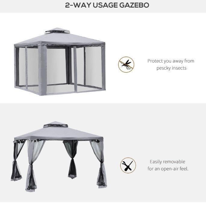 10' X 10' Gazebo Outdoor Canopy With Soft Top, Double Roof And Netting Walls, Steel Frame For Garden, Lawn, Backyard And Deck, Gray
