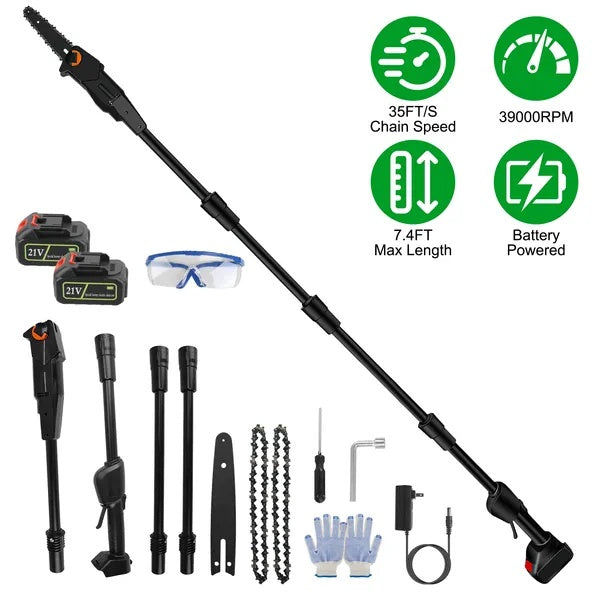6in Cordless Pole Saw 7.4FT Maximum Extendable Length 35FT S Speed Electric Pole Chainsaw 2Pcs 3.0Ah Batteries And Charger Included For Pruning Trimming