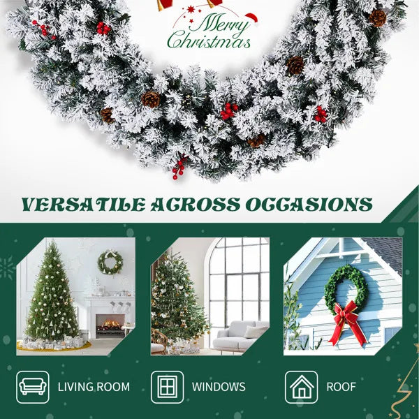 48in Pre-lit Snow Flocked Christmas Wreath, Lighted Artificial Xmas Wreath With 150 Warm White Lights And 450 PVC Tips And DIY Ornaments, For Front Door Gate Wall Xmas Party Decorations, Snowy Green