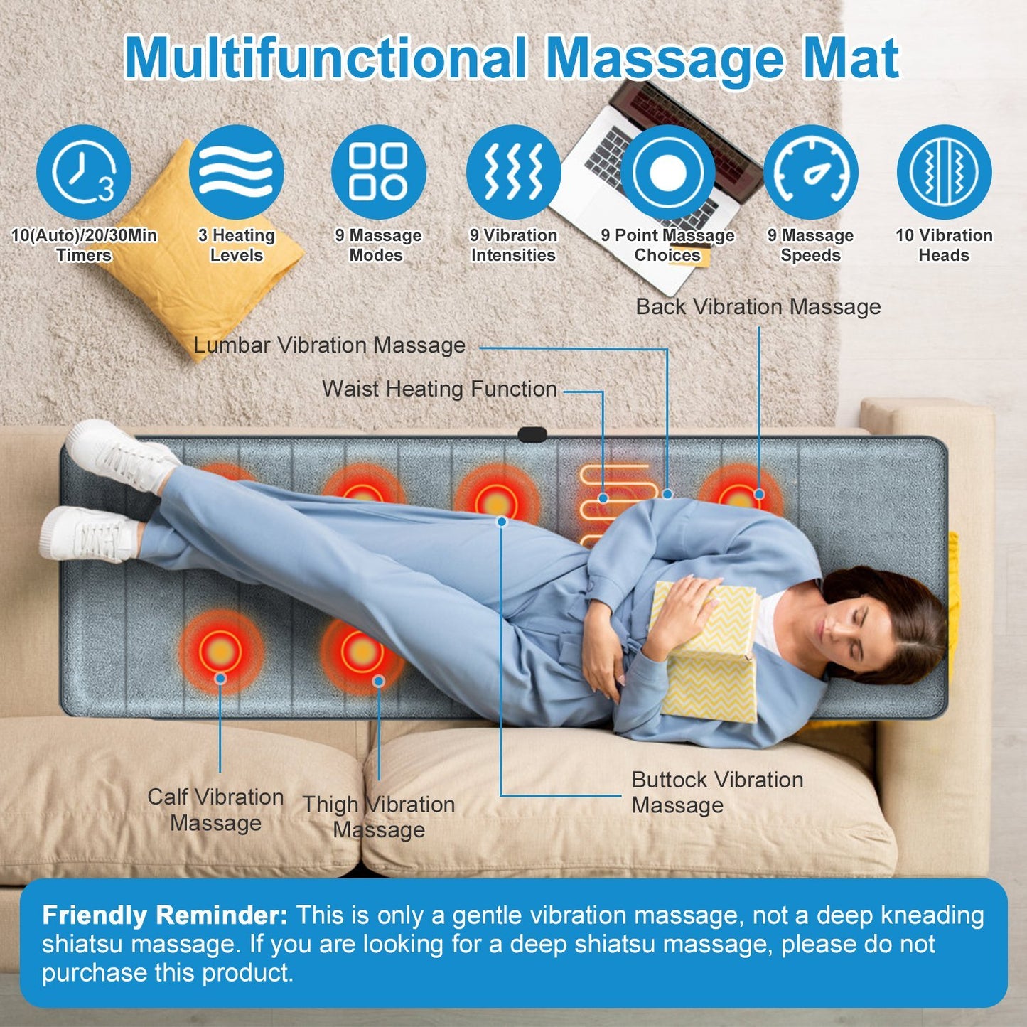 Full Body Electric Massage Mat With Heat Vibration Massage Pad Cushion Back Massage Mattress Chair Pad With Inflatable Head Pillow Lumbar Pillow With 10 Vibration Motors 3 Timers