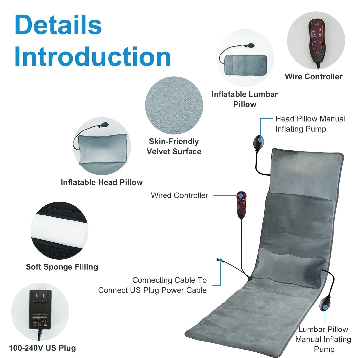 Full Body Electric Massage Mat With Heat Vibration Massage Pad Cushion Back Massage Mattress Chair Pad With Inflatable Head Pillow Lumbar Pillow With 10 Vibration Motors 3 Timers