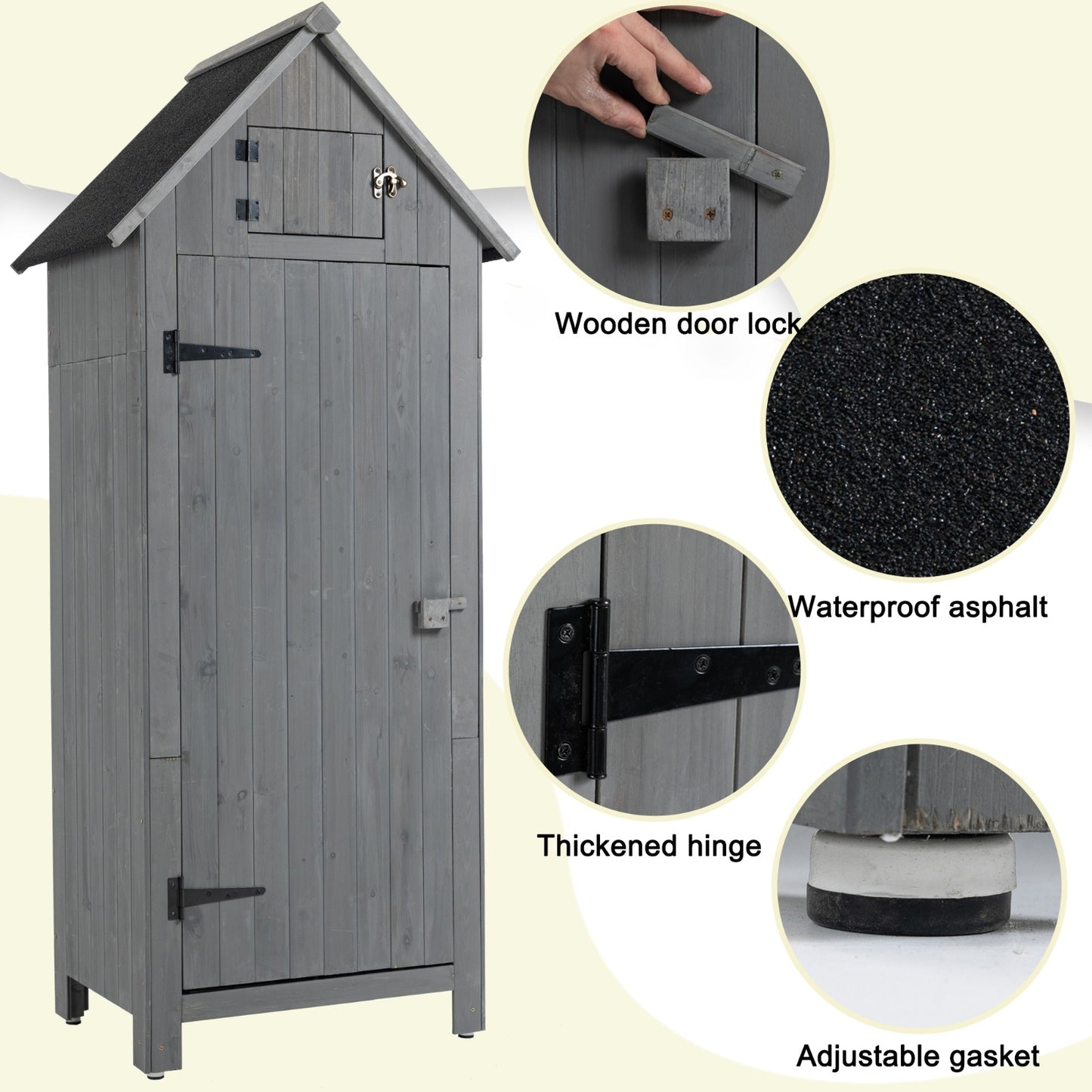 Outdoor Storage Cabinet Tool Shed Wooden Garden Shed 70.5H - Gray