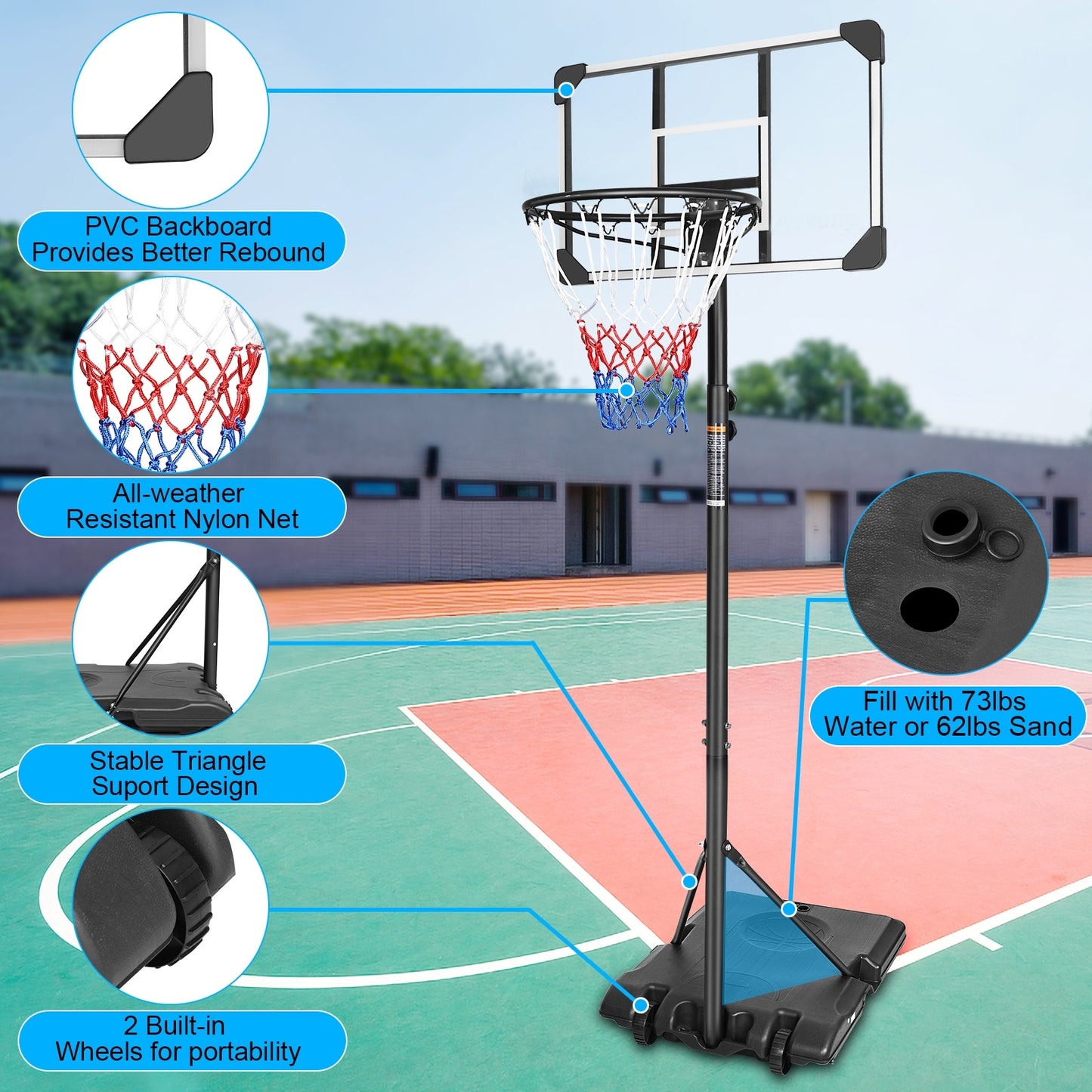 Portable Basketball Goal System With Base & Wheels, Indoor Outdoor Use For Teens