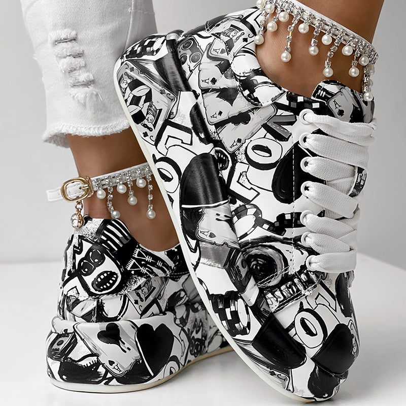 Women's Casual Round Toe Thick Sole Lace-Up Sneakers, Random Print Design, Comfortable Sporty Shoes For Daily Wear