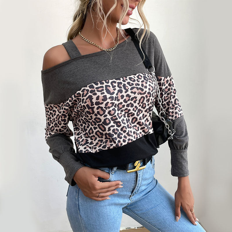 Undershirt Off-the-shoulder Hollow-out Off-shoulder Loose Leopard Print Women's Patchwork Top