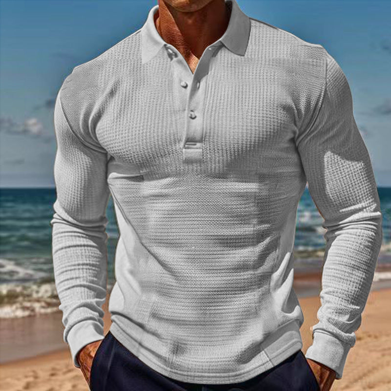 American Men's T-shirt Waffle Casual Polo Collar Button Slim-fit Long Sleeve
