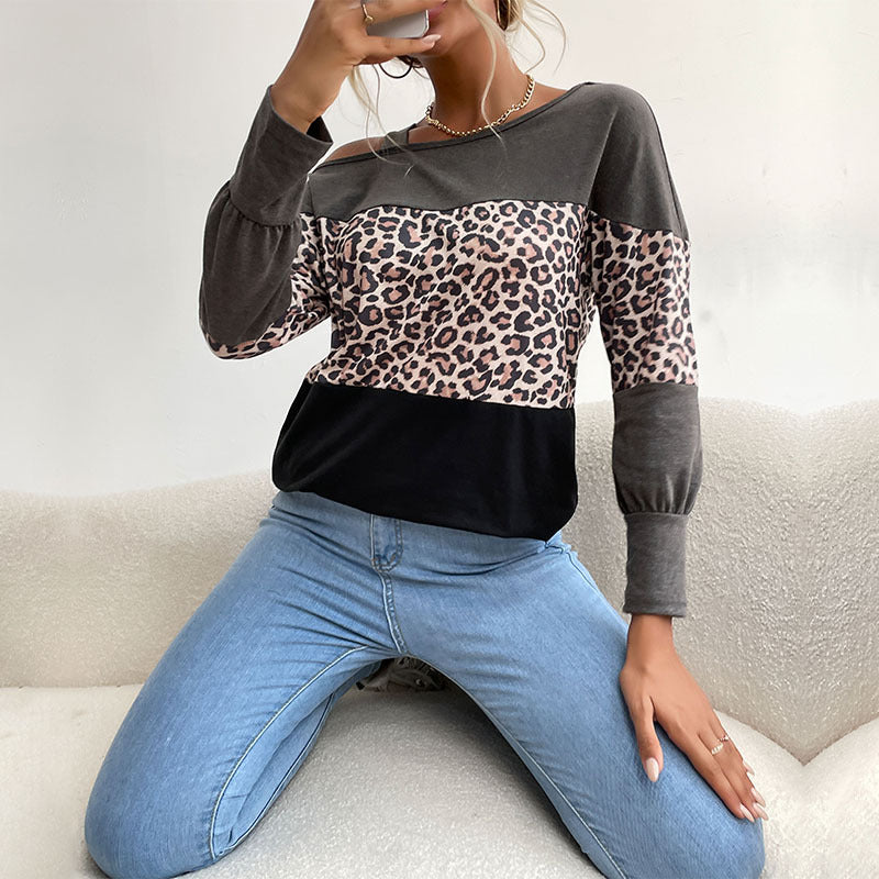 Undershirt Off-the-shoulder Hollow-out Off-shoulder Loose Leopard Print Women's Patchwork Top