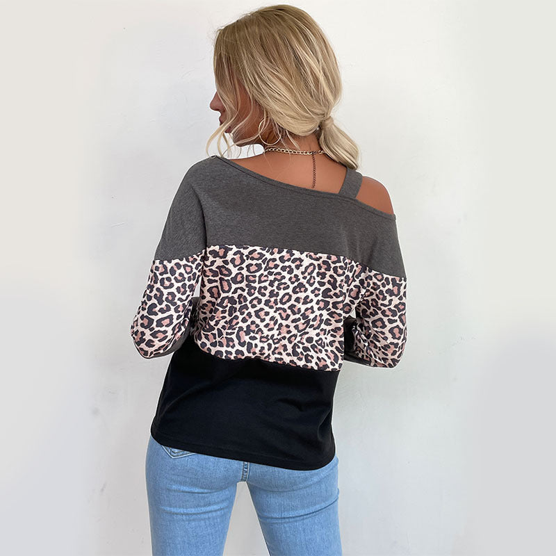 Undershirt Off-the-shoulder Hollow-out Off-shoulder Loose Leopard Print Women's Patchwork Top