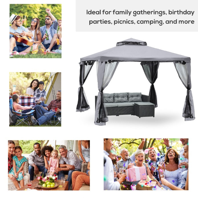 10' X 10' Gazebo Outdoor Canopy With Soft Top, Double Roof And Netting Walls, Steel Frame For Garden, Lawn, Backyard And Deck, Gray