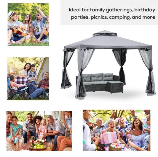 10' X 10' Gazebo Outdoor Canopy With Soft Top, Double Roof And Netting Walls, Steel Frame For Garden, Lawn, Backyard And Deck, Gray