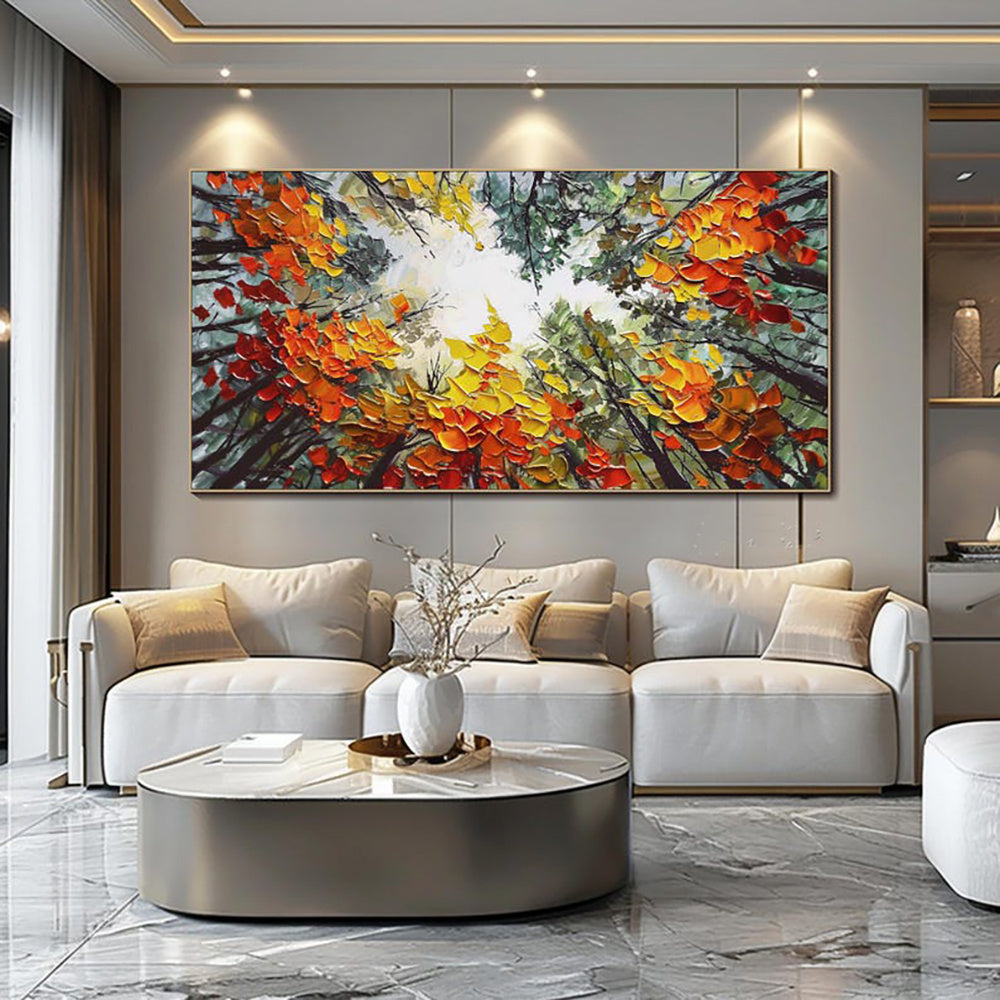 Modern Brich Treescape Landscape Canvas Artwork Handpainted Orange Forest Thick Oil Painting Natural Home Wall Decor