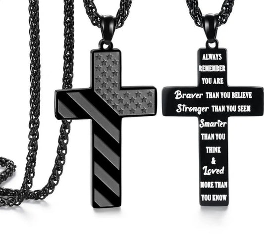 Cross Necklace With Bible Verse American Flag Pendant --Stainless Steel Men Jewelry Gift - Faith-Inspired, Bold & Patriotic Chain For Him
