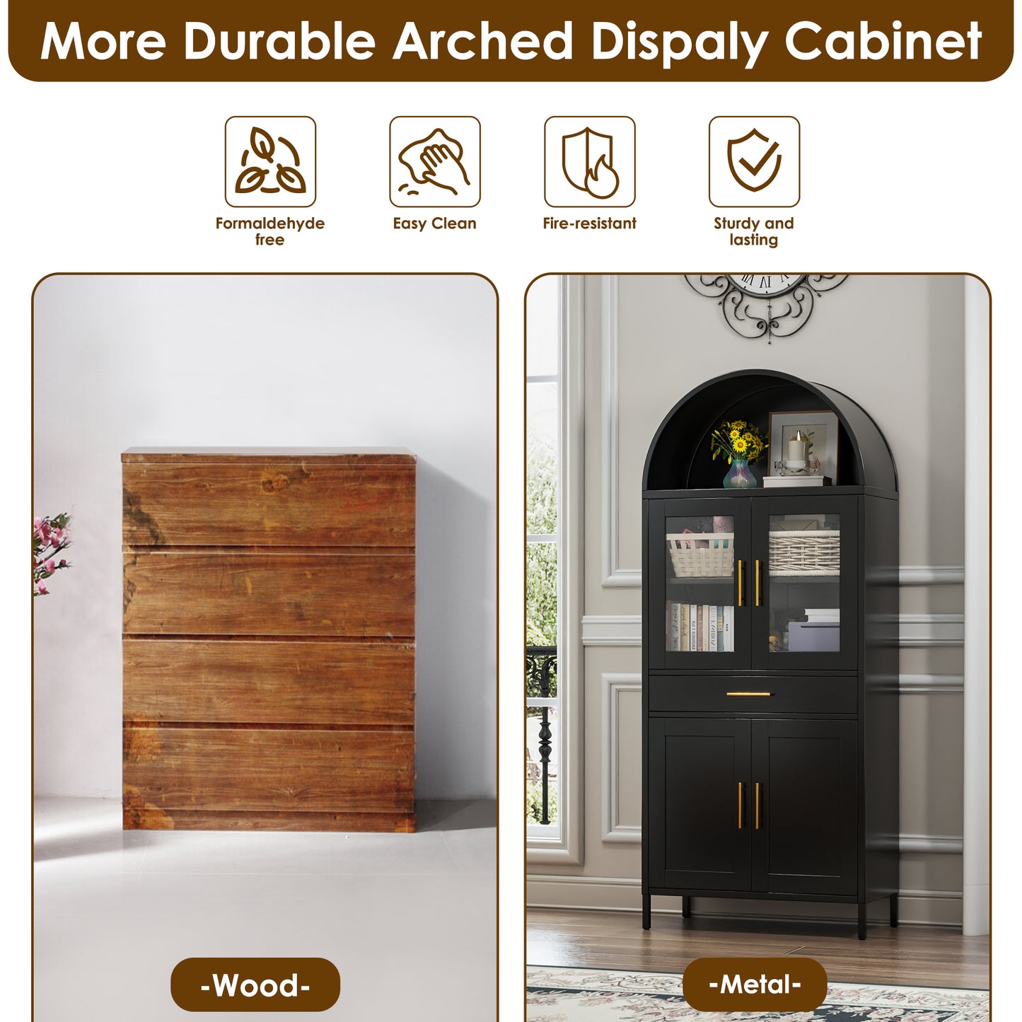 Metal Arched Household Storage Cabinet In Black And White Color