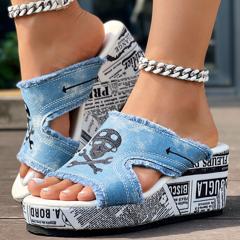 Newspaper Skull Original Hem Platform Wedge Slides - Anklet Not Included