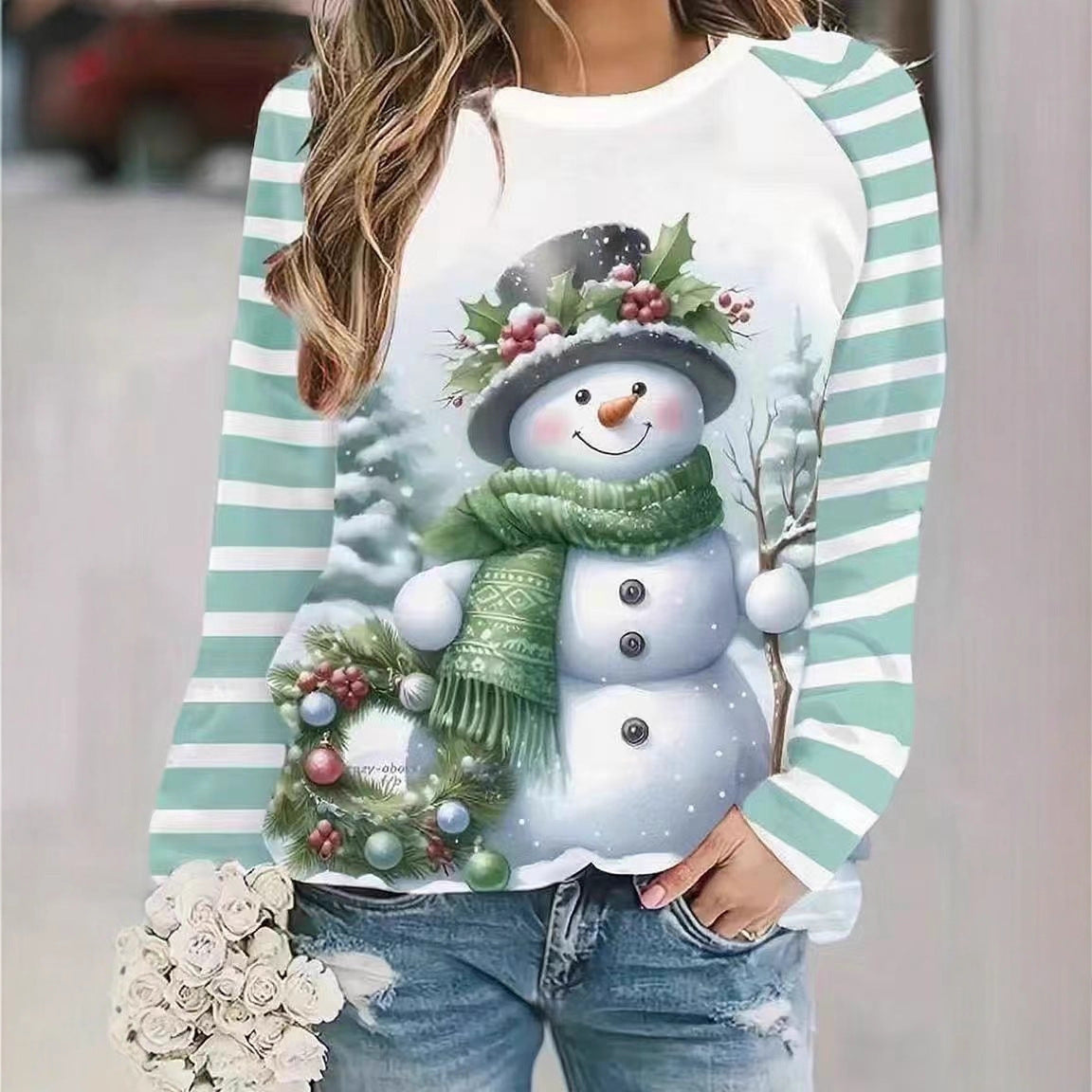 Large Size Women's Snowman Pattern Long Sleeve