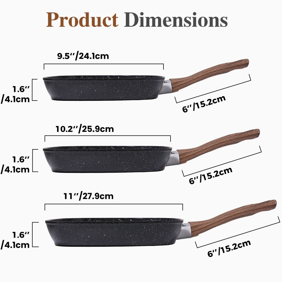 Nonstick Frying Pan Skillet Set, 3 Piece Square Grill Pans With Stay Cool Handle & PFOA Free, Compatible With All Stovetops