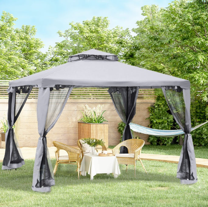 10' X 10' Gazebo Outdoor Canopy With Soft Top, Double Roof And Netting Walls, Steel Frame For Garden, Lawn, Backyard And Deck, Gray