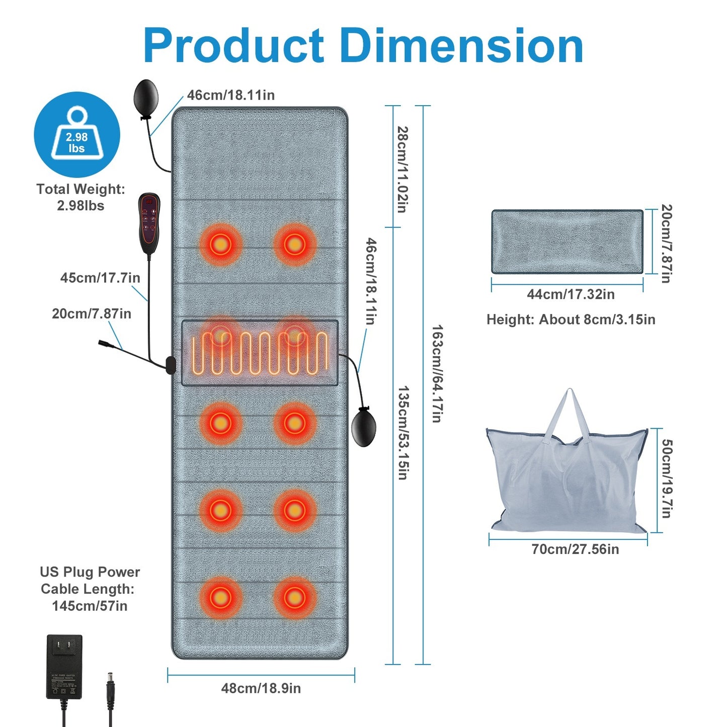 Full Body Electric Massage Mat With Heat Vibration Massage Pad Cushion Back Massage Mattress Chair Pad With Inflatable Head Pillow Lumbar Pillow With 10 Vibration Motors 3 Timers